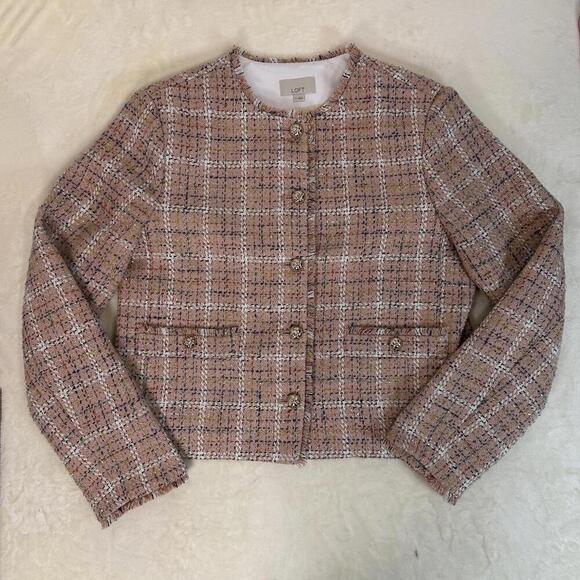 Jackets & Blazers - Loft Sz M Pink Gold Metallic Tweed Blazer Frayed Hem Corpcore Office Work Easter